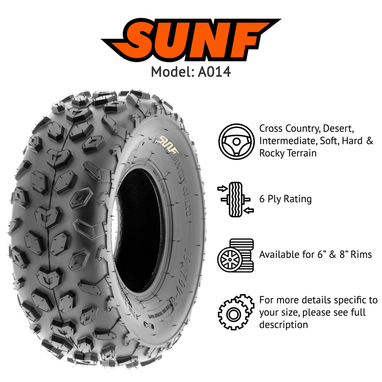 SunF ATV TIRE/UTV TIRE All Terrain 6 PR Tubeless A014 (set of 2) SUNF