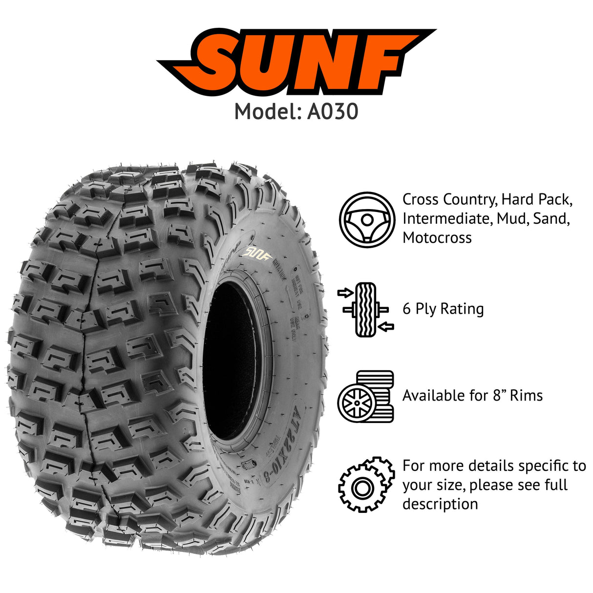 SunF ATV TIRE/UTV TIRE All Terrain 6 PR Tubeless A030 (set of 2) SUNF