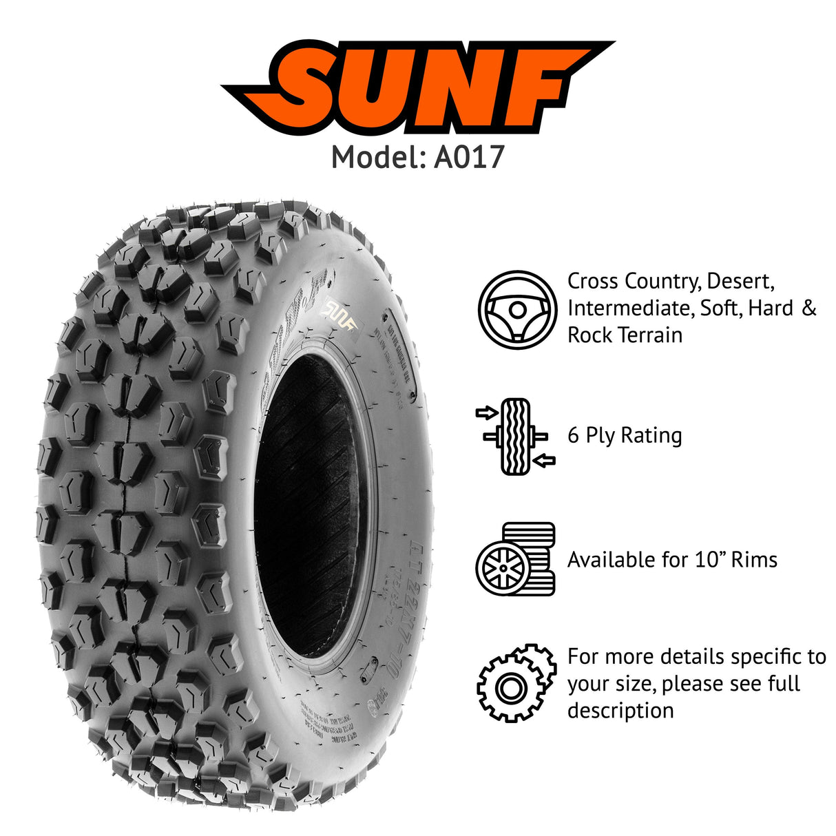 SunF ATV TIRE/UTV TIRE All Terrain 6 PR Tubeless A017 (set of 4) SUNF