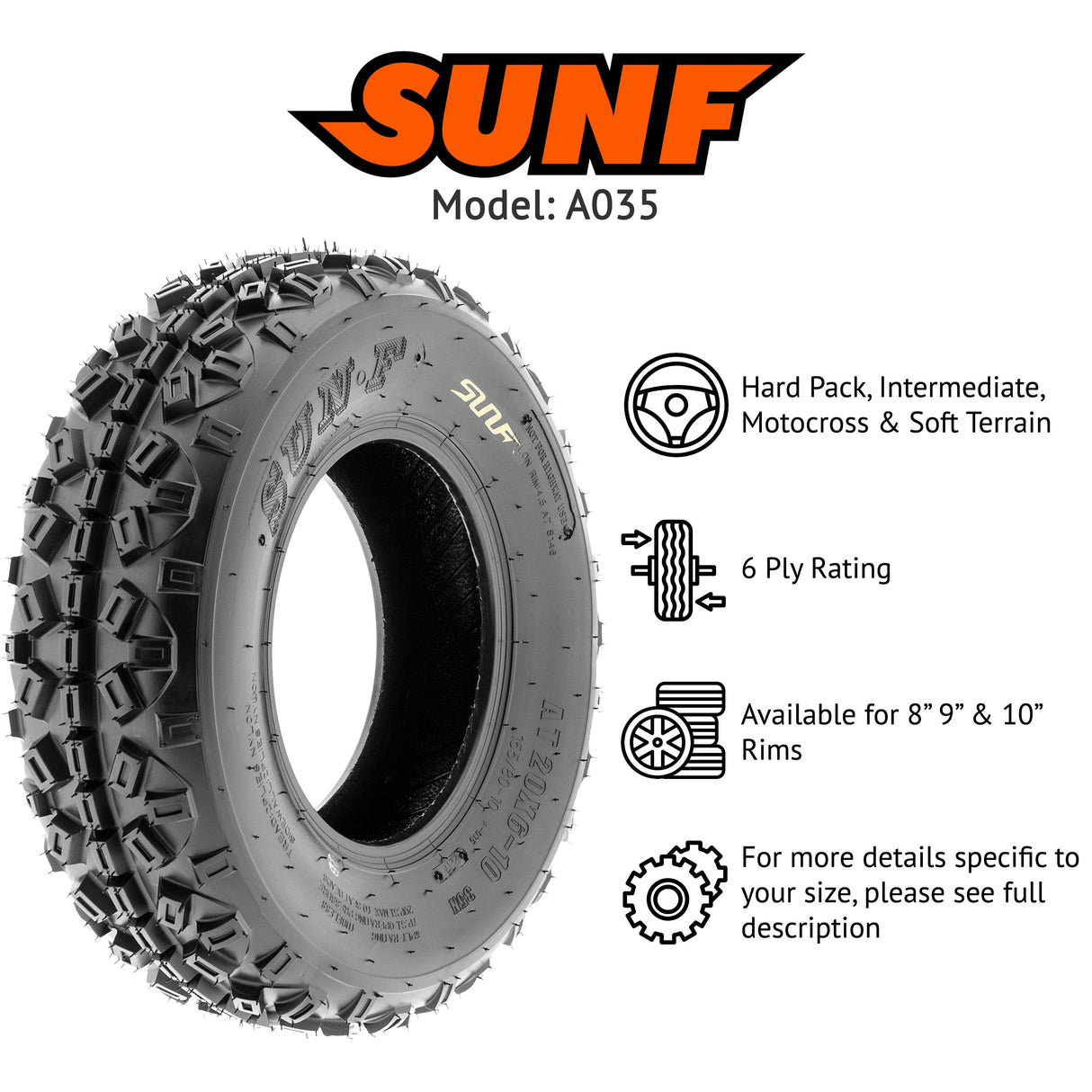 SunF ATV TIRE/UTV TIRE All Terrain 6 PR Tubeless A035 (set of 2) SUNF