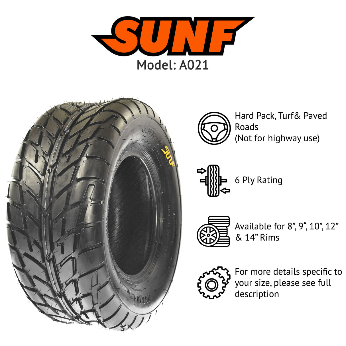 SunF ATV TIRE/UTV TIRE SPORT DIRT FLAT TRACK  6 PR Tubeless A021 (set of 2) SUNF
