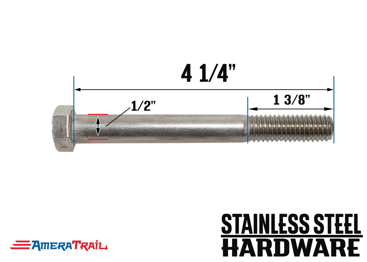 Stainless Steel Bolt 1/2 x 4 1/4", Hex Head - Available w/ Nut and Washer Hardware