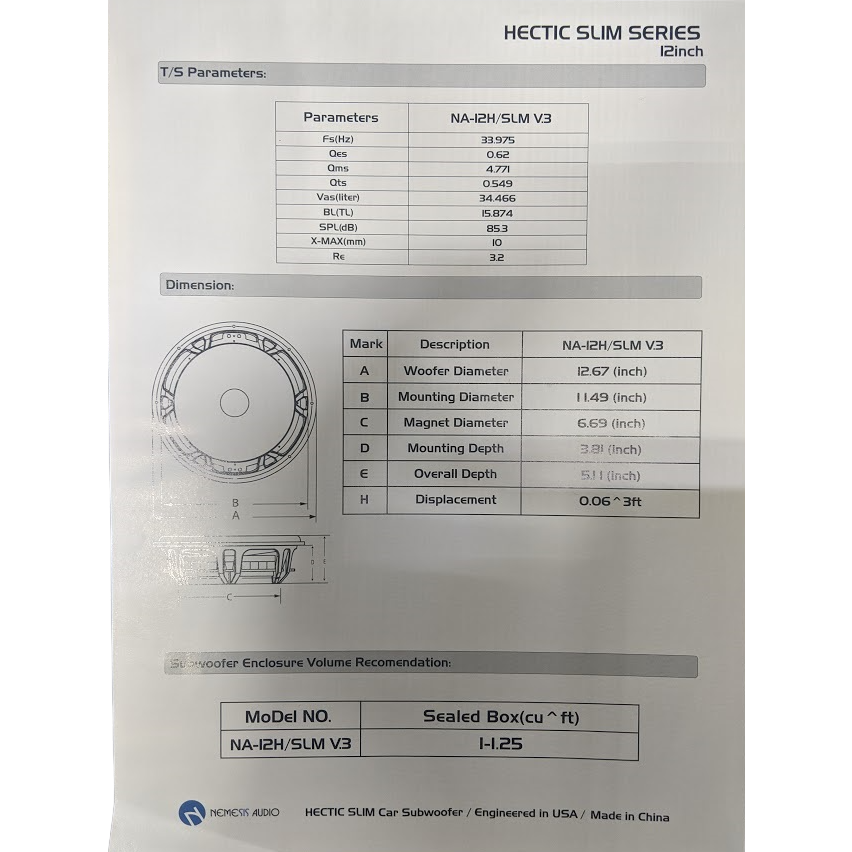 Nemesis Audio NA-12HSLM v.3 12" 800W RMS Shallow Mount Subwoofer DVC 4-Ohm Nemesis Audio