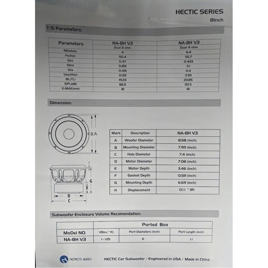 Nemesis Audio NA-8H v.3 8" 900W RMS Subwoofer DVC Nemesis Audio