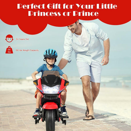 12.8 Inch Electric Ride-On Motorcycle for Kids 3+ Years with LED Lights - Red