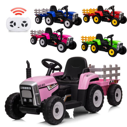12V Battery Powered Electric Tractor Ride-On Car with Trailer for Kids