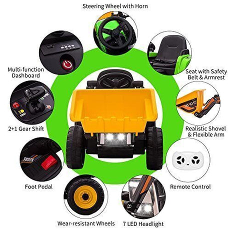 12V Battery-Powered Excavator Ride-On Toy with Music, Headlights, and Tractor Design - Perfect Gift for Kids