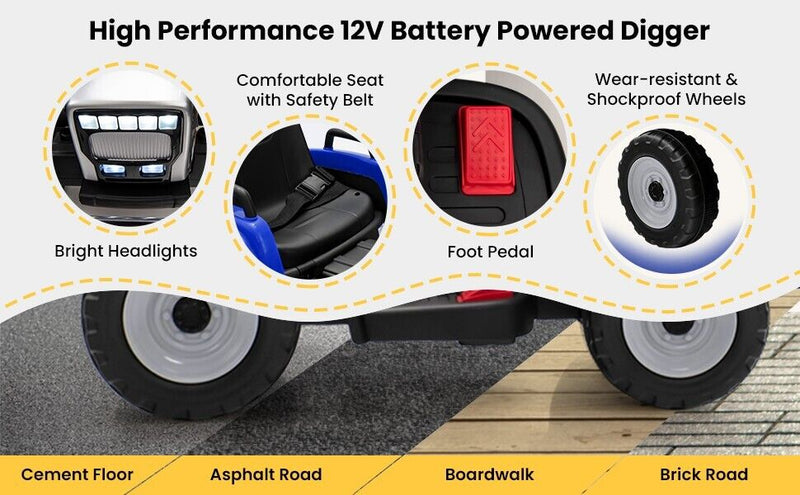 12V Battery-Powered Kids Excavator Toy with Adjustable Arm and Bucket