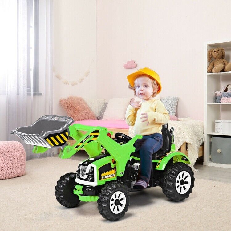 12V Battery Powered Kids Excavator Truck with Front Loader Digger - Green