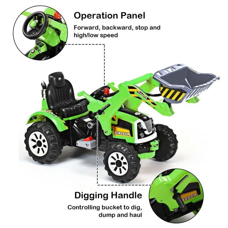 12V Battery Powered Kids Excavator Truck with Front Loader Digger - Green