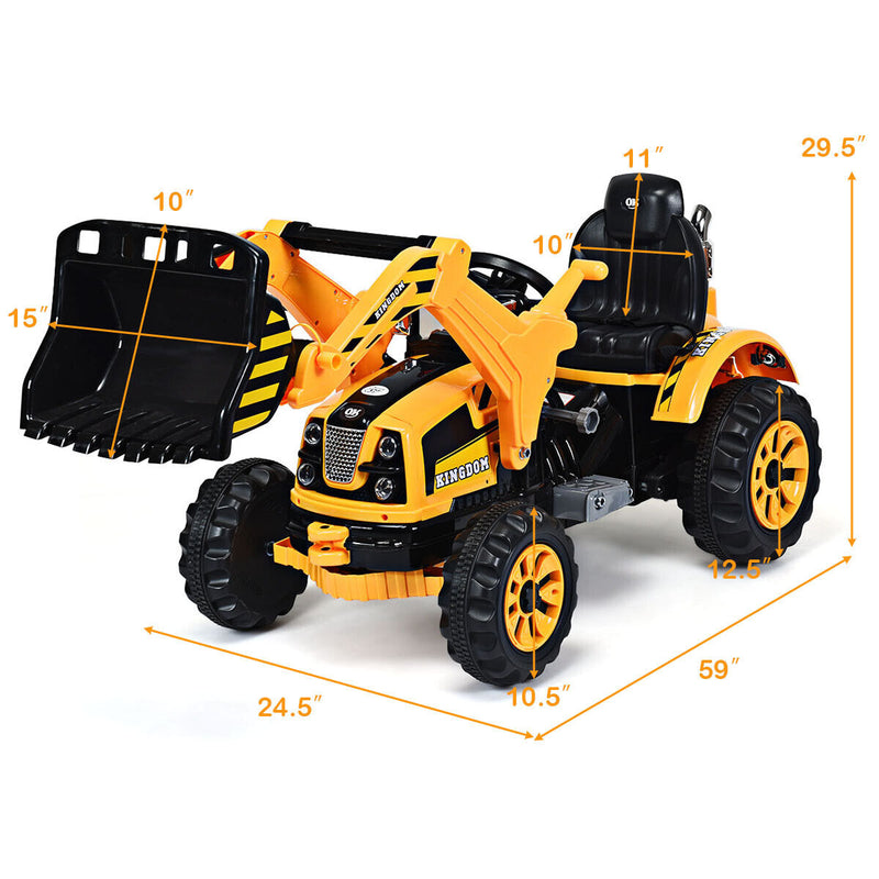 12V Battery Powered Kids Excavator Truck with Front Loader Digger - Yellow