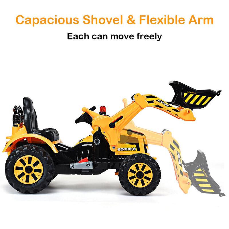 12V Battery Powered Kids Excavator Truck with Front Loader Digger - Yellow