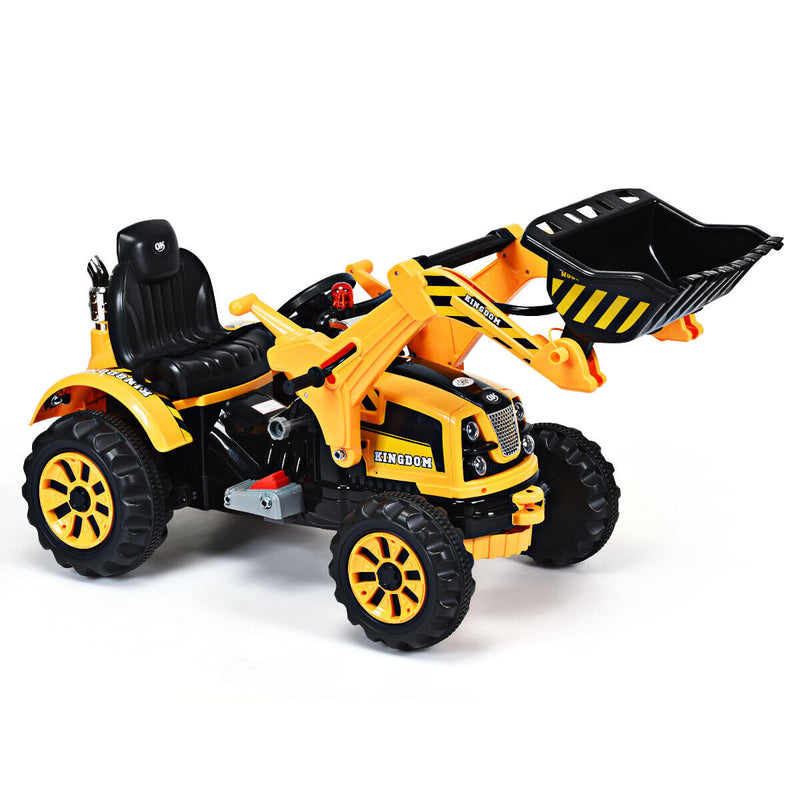 12V Battery Powered Kids Excavator Truck with Front Loader Digger - Yellow