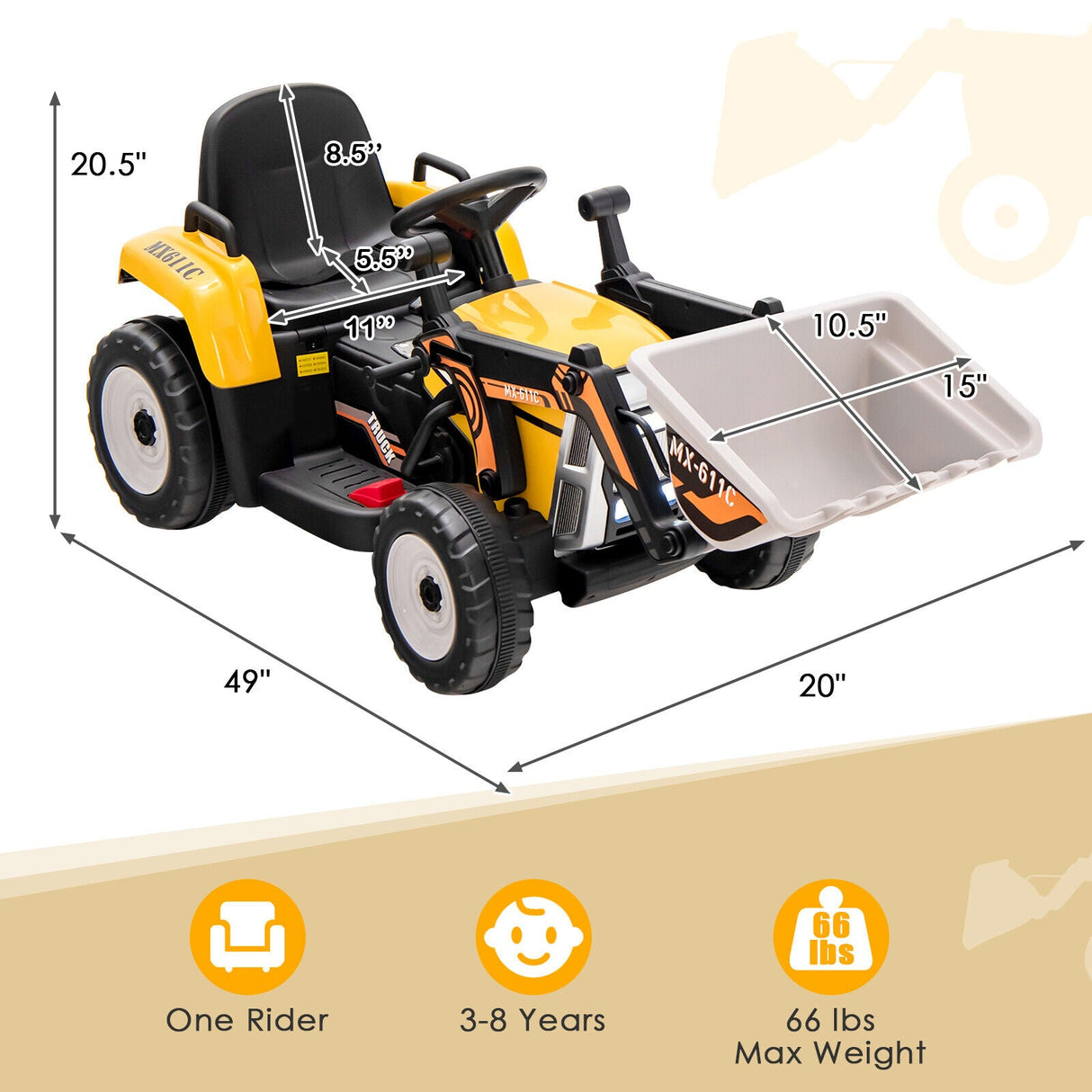 12V Battery Powered Kids Excavator with Adjustable Arm - Yellow