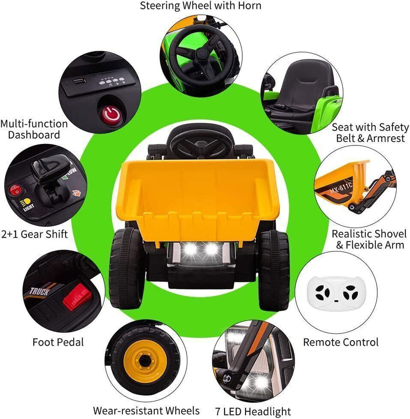12V Battery-Powered Kids Excavator with Music, Headlight, Horn, and Remote Control