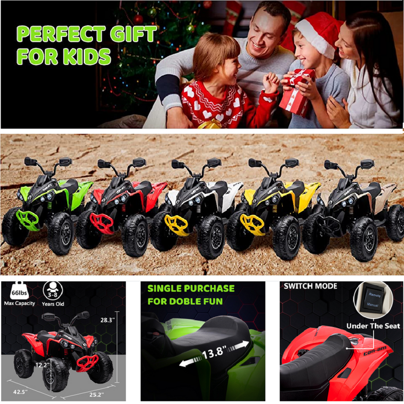 12V Battery Powered Kids Ride On Quad ATV Toy with LED Headlights