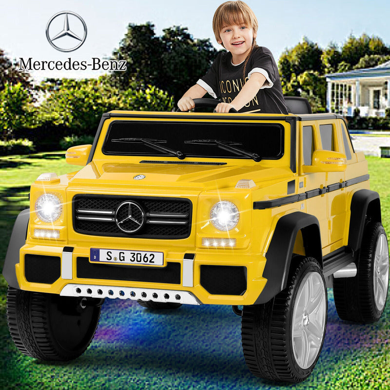 Mercedes-Benz Truck 12V Battery Ride On Car for Kids with 3 Speeds, LED Lights, Music, and Remote Control - Yellow