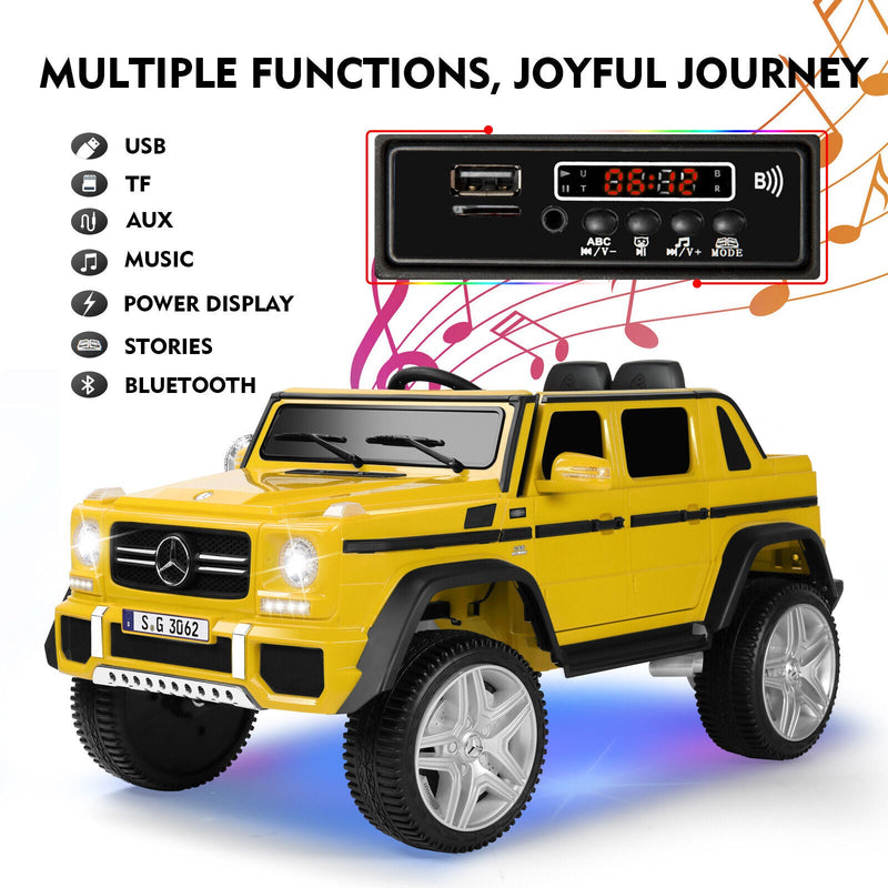 Mercedes-Benz Truck 12V Battery Ride On Car for Kids with 3 Speeds, LED Lights, Music, and Remote Control - Yellow