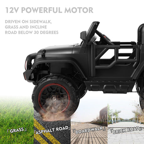 12V Battery Powered Kids Ride-On Truck with MP3, LED Lights, Remote Control, and Cover - Black