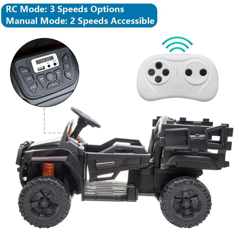 12V Battery-Powered Ride-On Tractor Truck with Detachable Trailer in Black