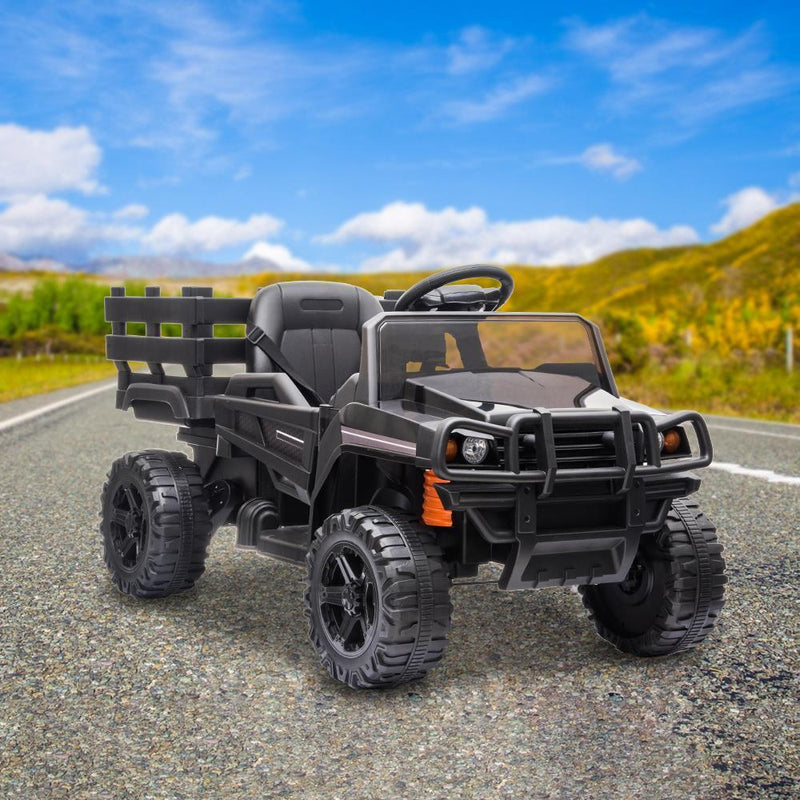 12V Battery-Powered Ride-On Tractor Truck with Detachable Trailer in Black