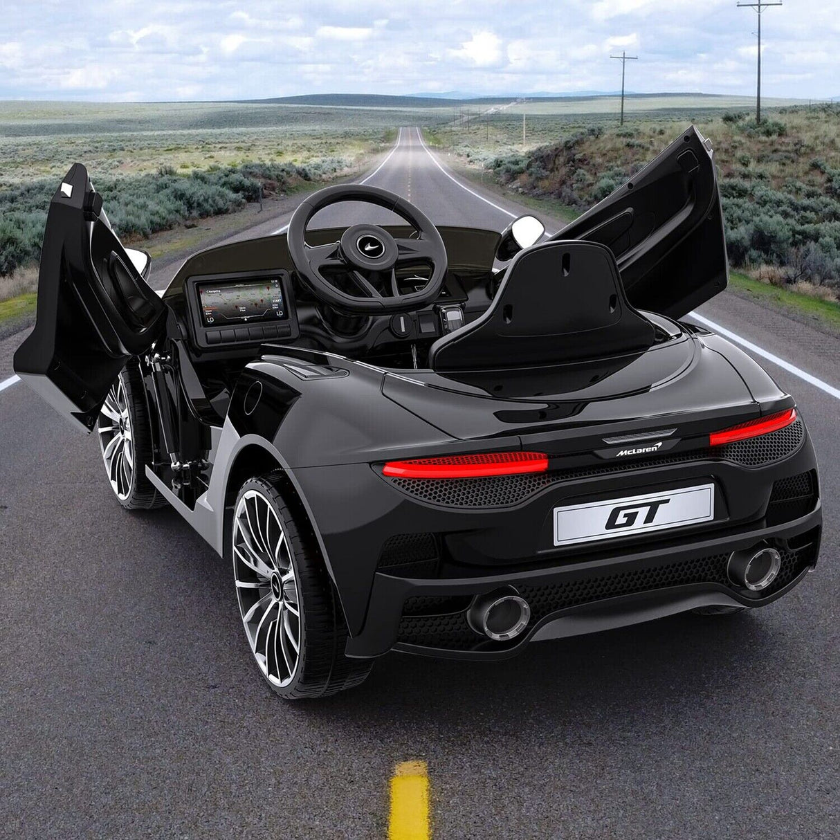 12V Battery Powered Sports Car for Kids with LED Headlights - Black