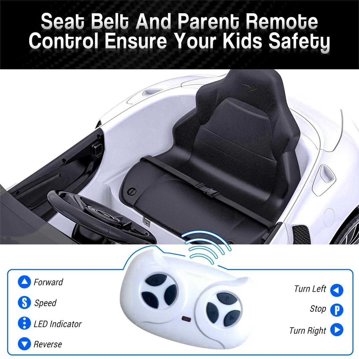 12V Battery Powered Sports Car for Kids with LED Headlights and 2 Speeds - White