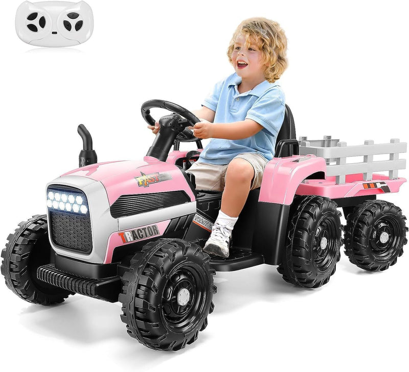 Electric Tractor Ride-On Toy Car with Trailer for Kids - 12V Battery Powered