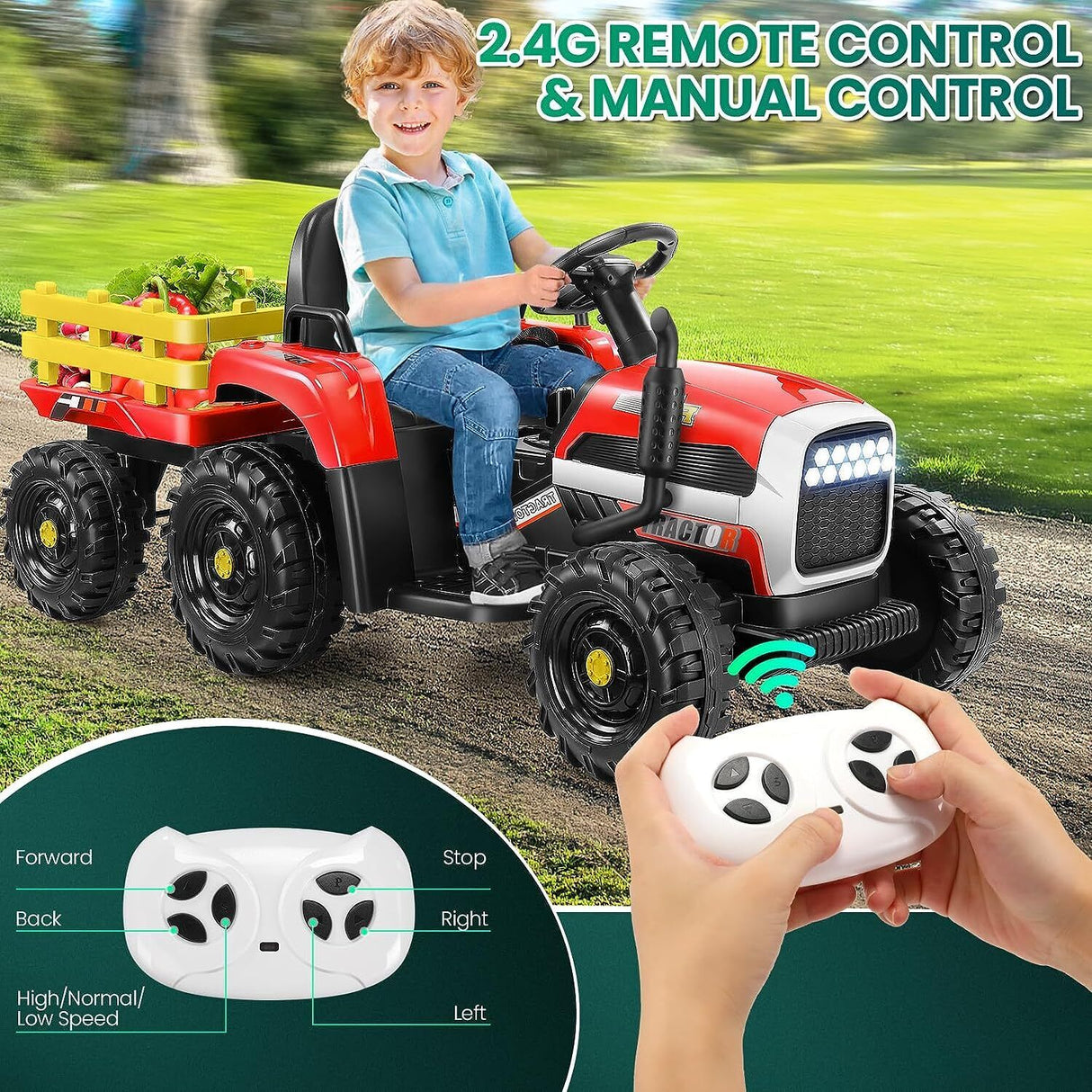 Electric Tractor Ride-On Toy Car with Trailer for Kids - 12V Battery Powered
