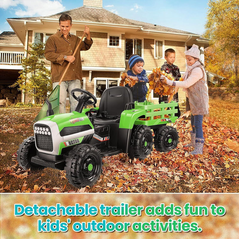 Electric Tractor Ride-On Toy Car with Trailer for Kids - 12V Battery Powered