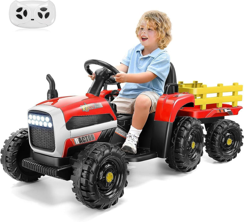 Electric Ride-On Tractor Toy with Trailer and Remote Control for Kids (12V)