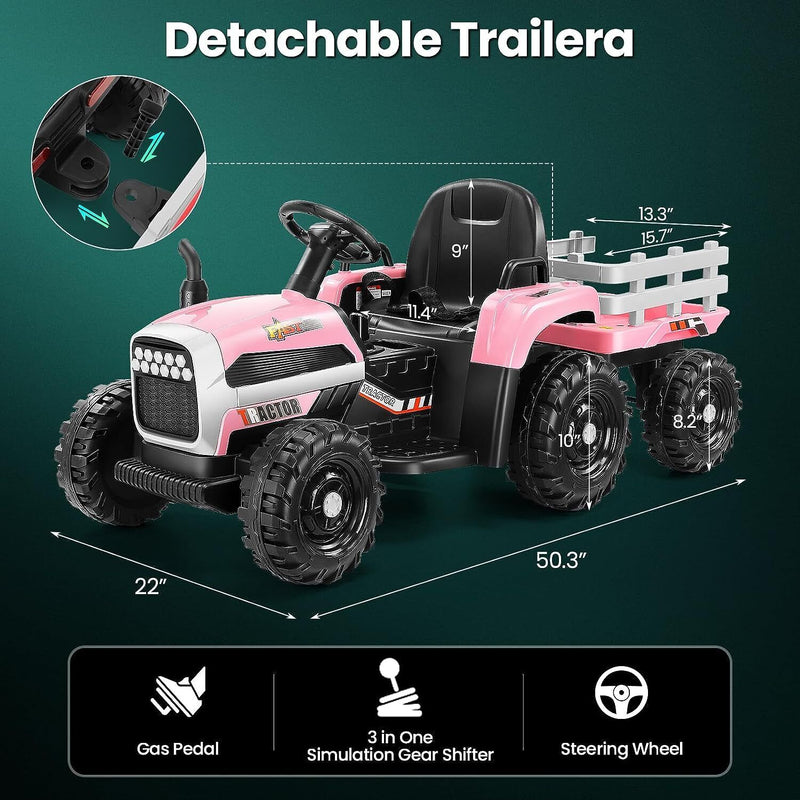 Electric Ride-On Tractor Toy with Trailer and Remote Control for Kids (12V)