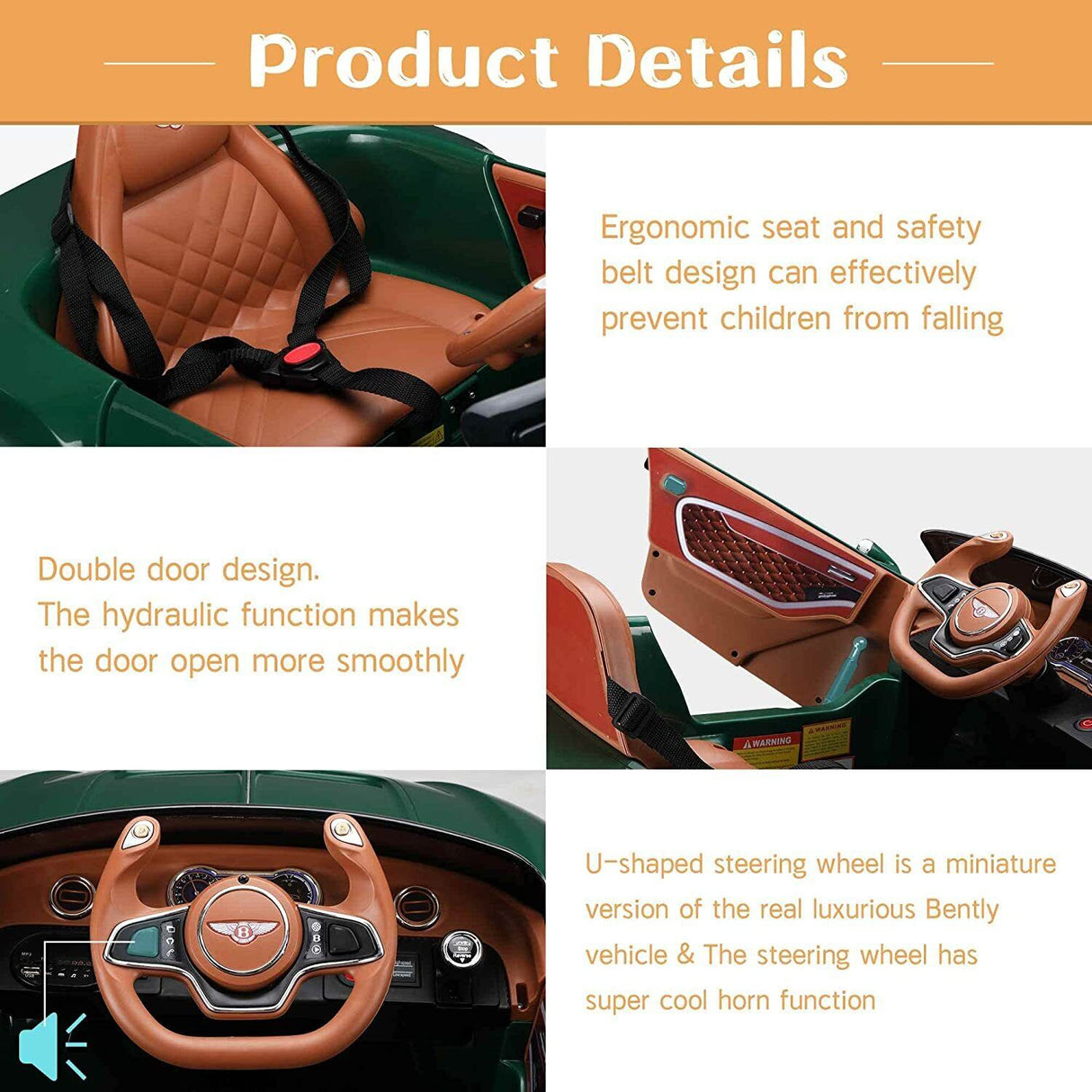 12V Electric Bentley Style Kid Ride-On Car with Remote Control and LED Lights in Green