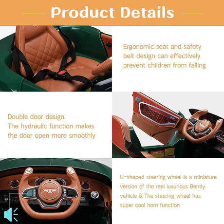 12V Electric Bentley Style Kid Ride-On Car with Remote Control and LED Lights in Green