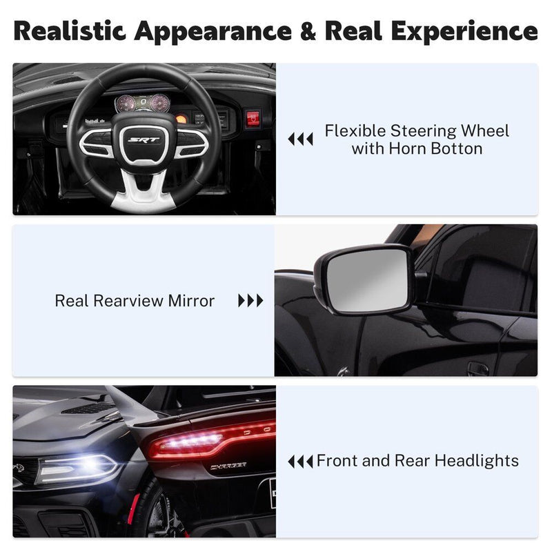 12V Dodge Charger SRT Hellcat Ride-On Toy with Remote Control, MP3, and LED Lights for Kids