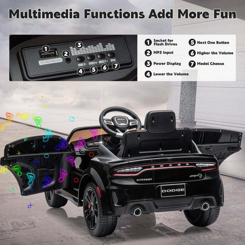12V Dodge Charger SRT Hellcat Ride-On Toy with Remote Control, MP3, and LED Lights for Kids