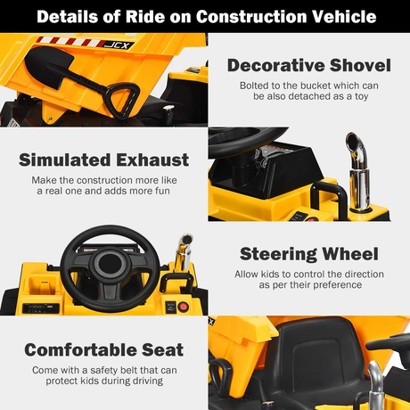 12V Dump Truck Ride-On with Remote Control, Music, Horn, USB, and AUX