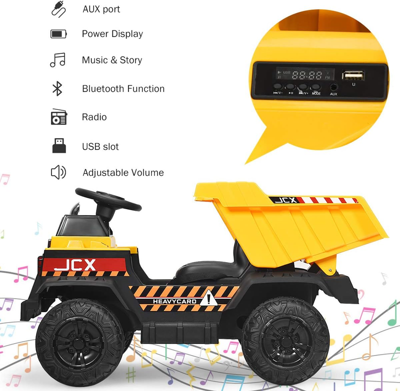 12V Dump Truck Ride-On with Remote Control, Music, Horn, USB, and AUX