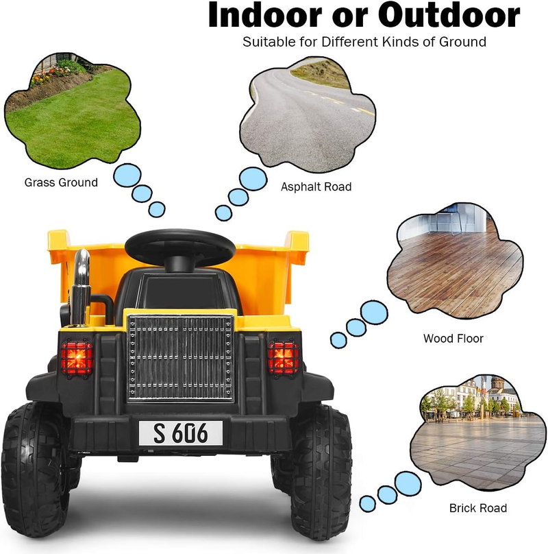 12V Dump Truck Ride-On with Remote Control, Music, Horn, USB, and AUX