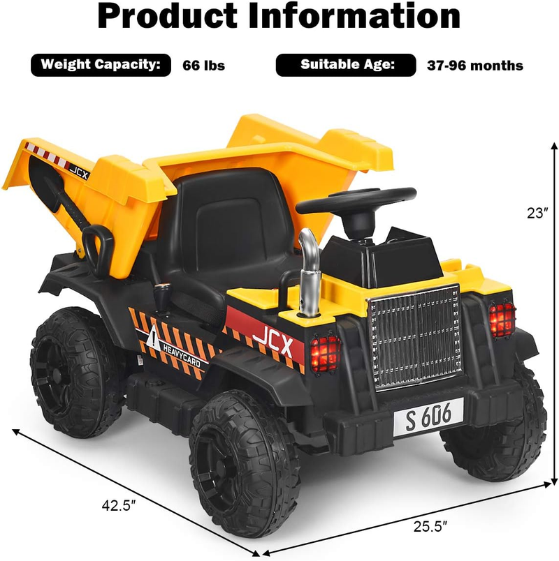 12V Dump Truck Ride-On with Remote Control, Music, Horn, USB, and AUX