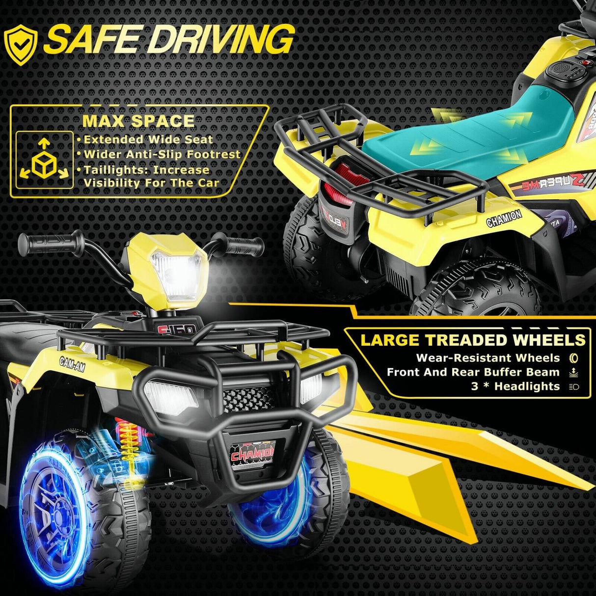 12V Quad for Kids with LED Lights and Dual Speed Options