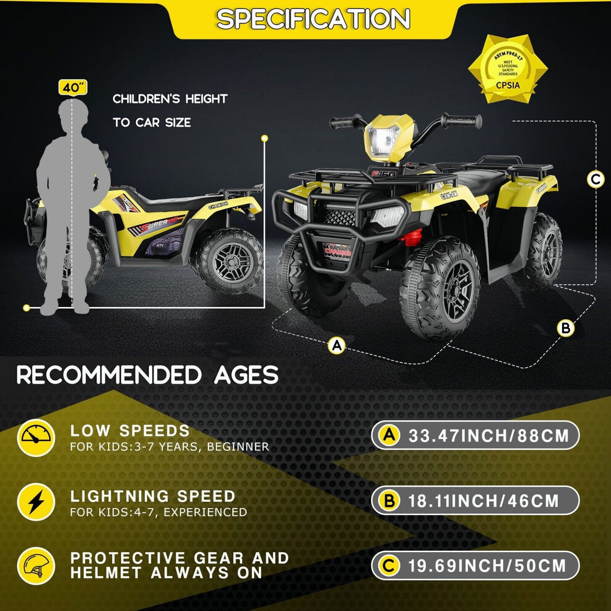 12V Quad for Kids with LED Lights and Dual Speed Options