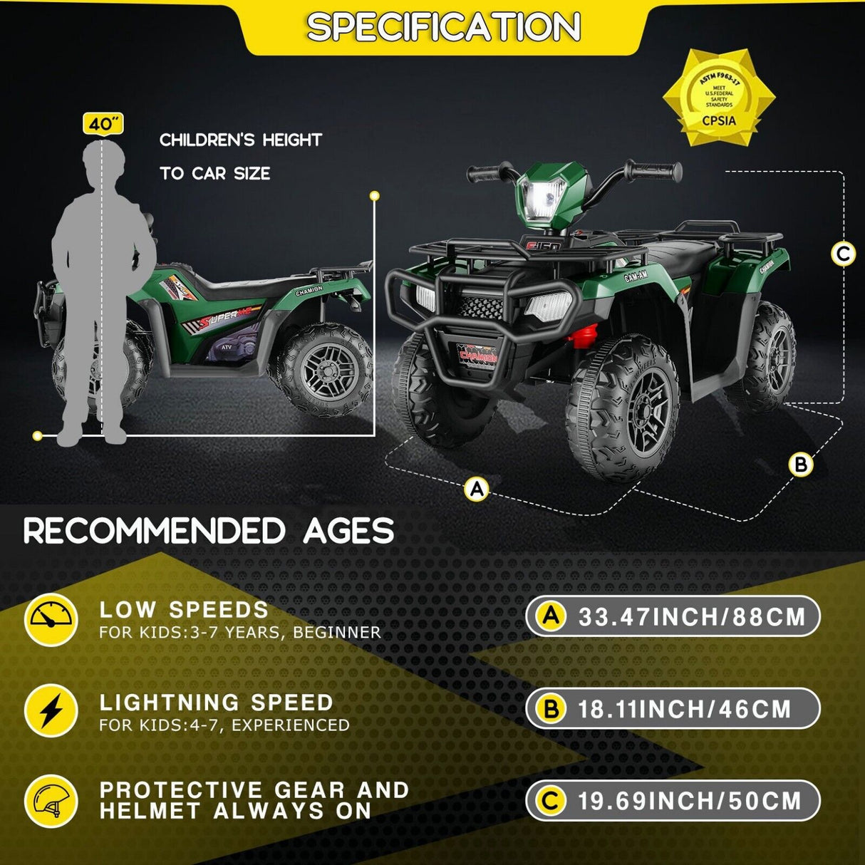 12V Quad for Kids with LED Lights and Dual Speed Options
