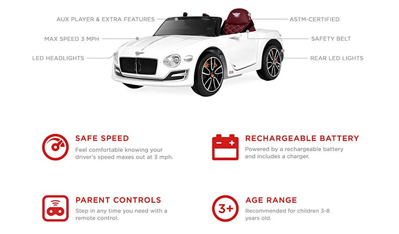 12V Electric Bentley Style Ride On Car for Kids with Remote Control and AUX