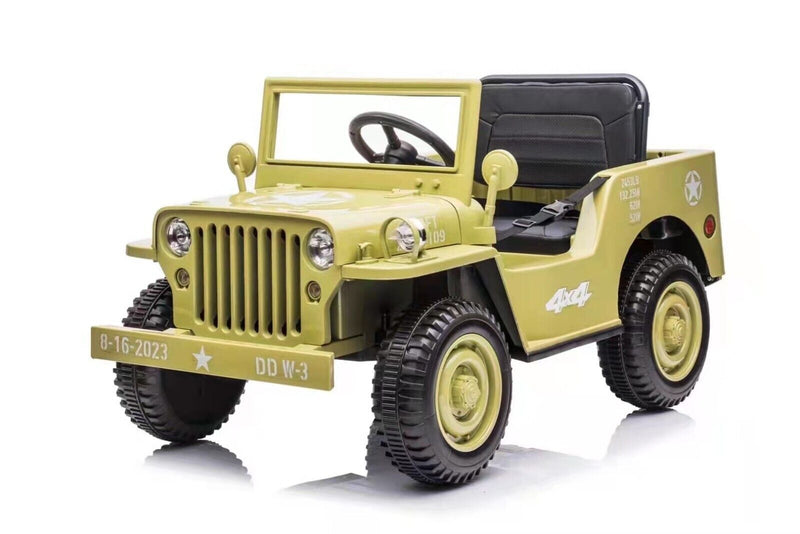12V Electric Jeep with Bluetooth MP3, Rubber EVA Tires, and Remote Control in Tan, Black, and Green
