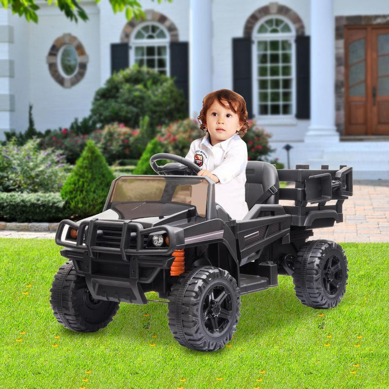 12V Electric Kids Ride On Car Truck with Music, Lights, and Fun Trailer - Black