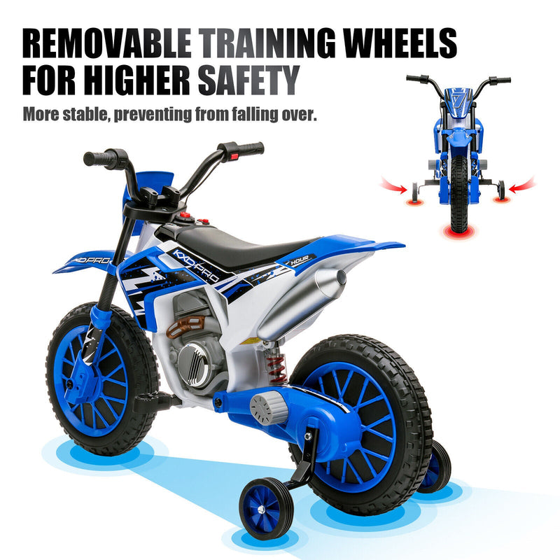 12V Blue Kids Ride On Motorcycle with Training Wheels - Electric Motorbike for Young Riders