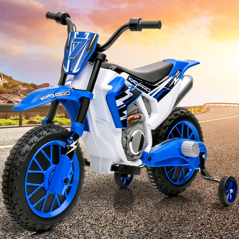 12V Blue Kids Ride On Motorcycle with Training Wheels - Electric Motorbike for Young Riders