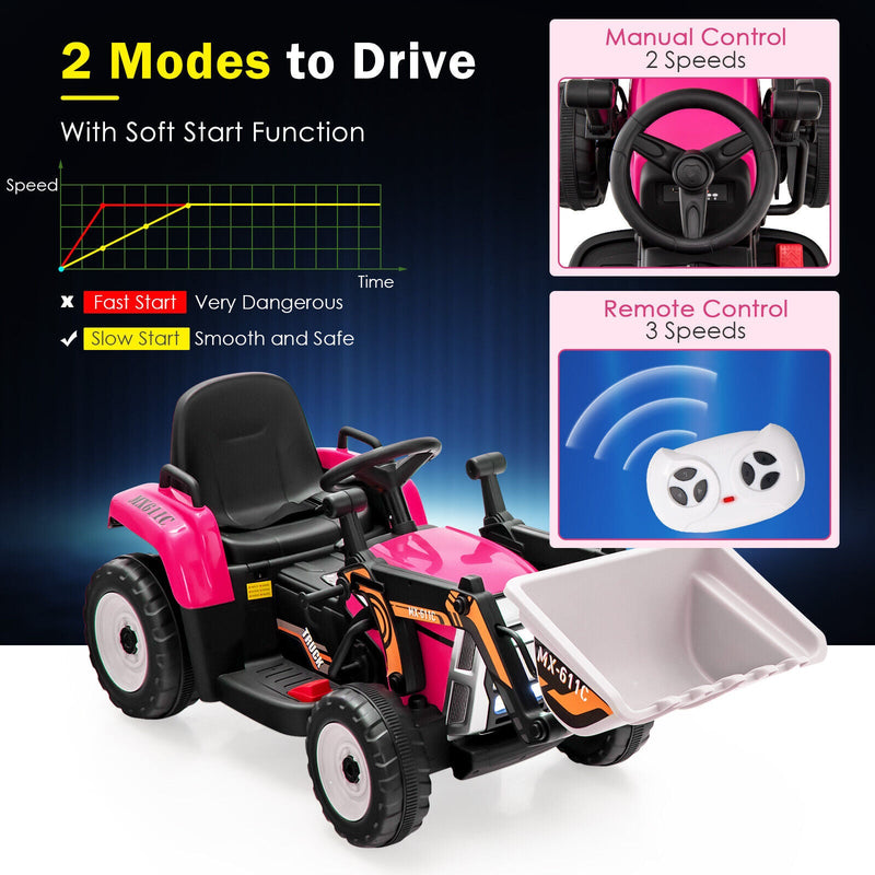 12V Electric Pink Excavator Digger Tractor with RC Control and Digging Bucket for Kids