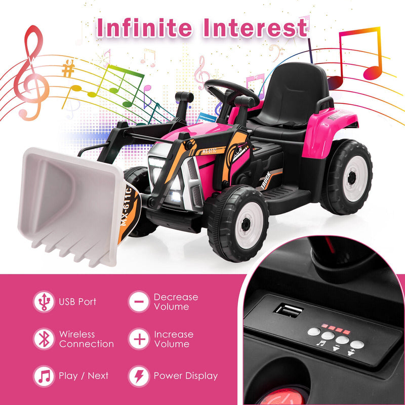 12V Electric Pink Excavator Digger Tractor with RC Control and Digging Bucket for Kids